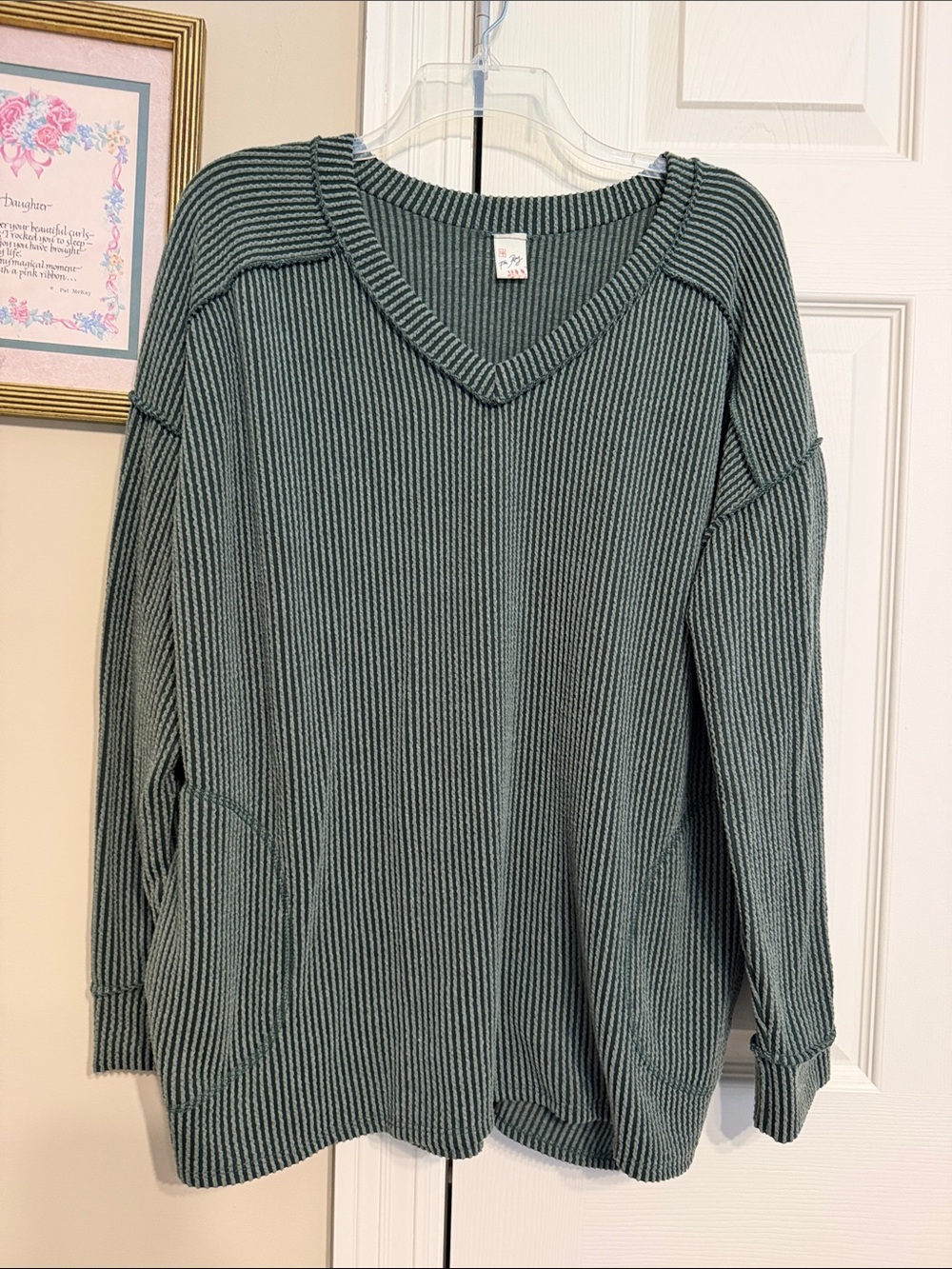 7th Ray Striped Ribbed V-Neck Sweater Top in Green and Cream
